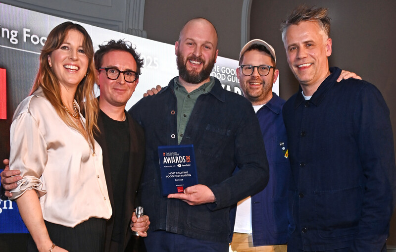 Lloyd Morse and James Snowdon (The Palmerston) accepting the award on behalf of Edinburgh for Most Exciting Food Destination. Presented by Landmark Trust's Head of Marketing Alice Evans with Adam Hyman and Richard Bacon.